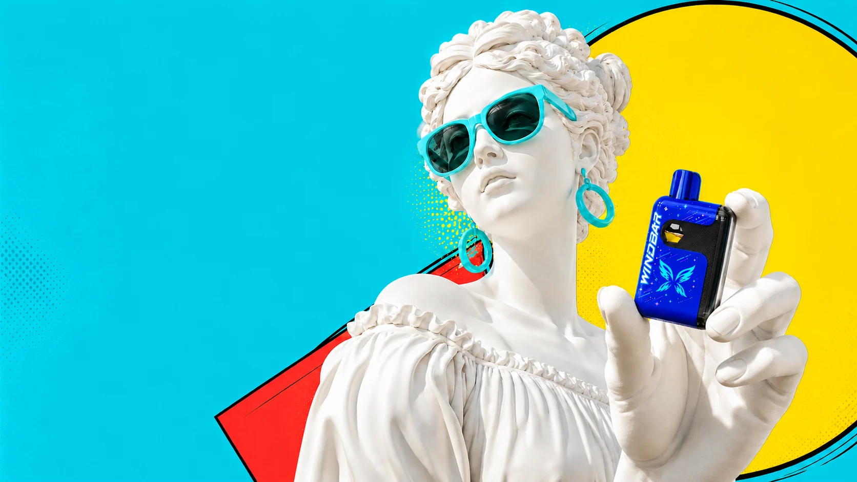 True-scale Startrail Blue WINDBAR device held by a pop-art marble figure