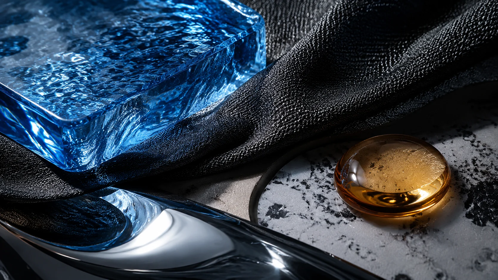 Macro study of cyan transparency, brushed silver and the chrome product curve