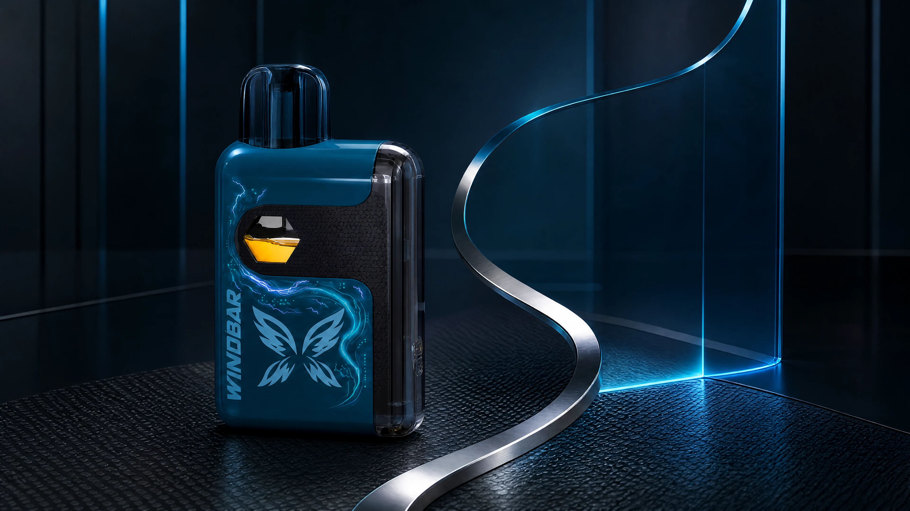 Startrail Blue WINDBAR Spectrum integrated into a glass, silver curve and black micro-texture architecture scene