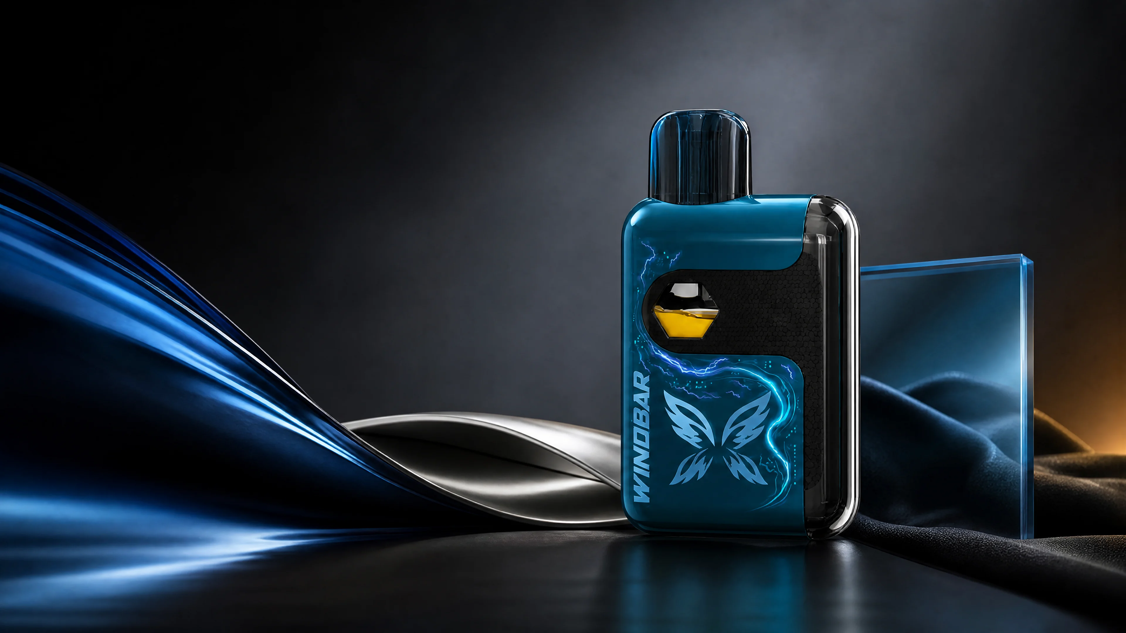 Final Startrail Blue WINDBAR Spectrum hardware where blue motion, silver curve, clear material and black texture resolve into one form