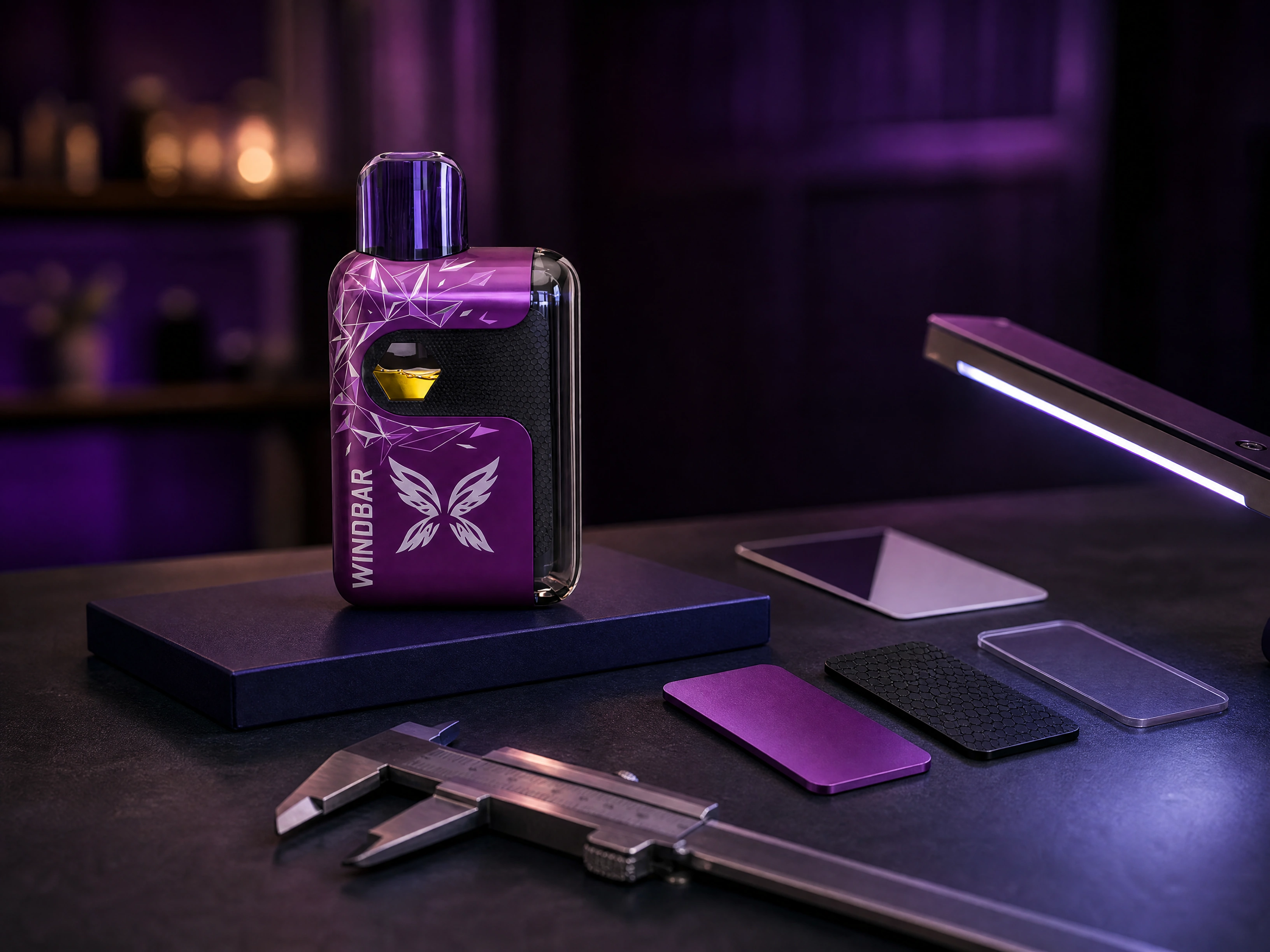 Crystal Purple WINDBAR Spectrum under controlled review lighting with calipers, material samples and transparent component evidence