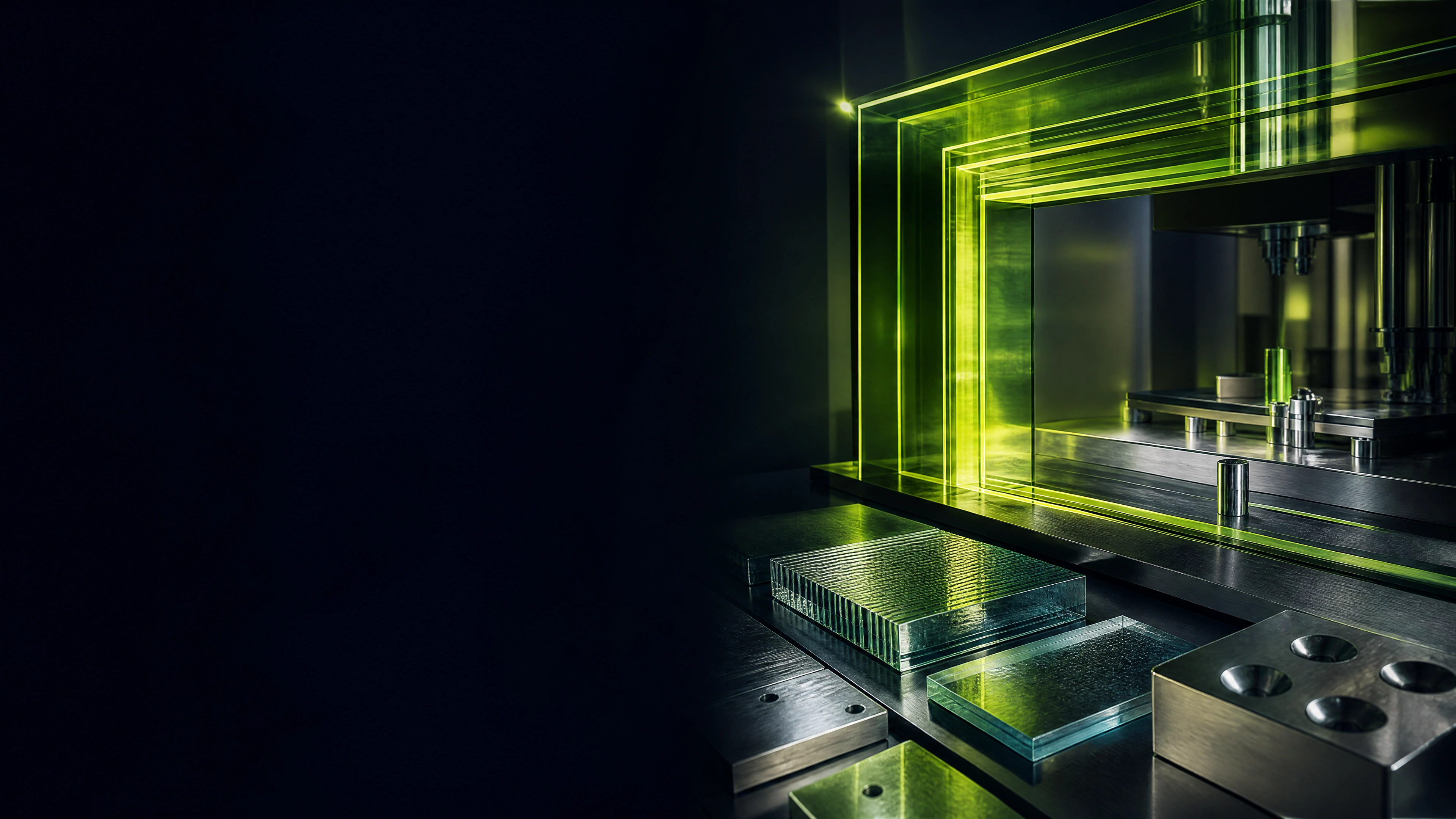 A chartreuse glass verification portal and precision material-testing platform, with a dark clear area reserved for evidence copy